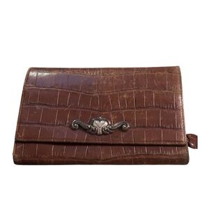 Vintage Brighton Brown Croc Embossed Leather Organizer Wallet Heart Hardware